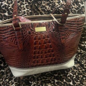 Brahmin Vintage Cognac Croc-Embossed Leather Tote with Cream Base